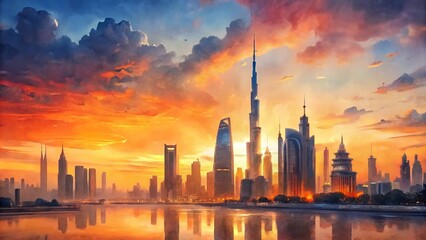 Obraz premium Vibrant orange hues illuminate majestic skyscrapers amidst tranquil waters in Dubai and Kuala Lumpur's breathtaking cityscapes at serene sunset moments.