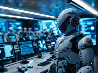 Fototapeta premium Robotics using multiple computers working and monitor data in liveing modern room - ai