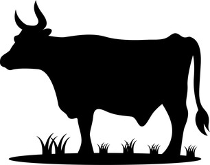 Vector silhouette of a cow. Farm animal on the grass of the pasture.