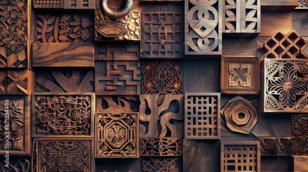 Poster wooden blocks with intricate patterns for seamless interior design