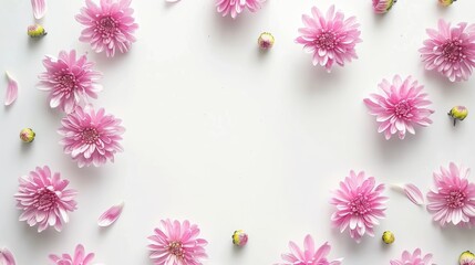 Floral wreath of pink chrysanthemums on white surface Minimalistic flat lay presentation from above