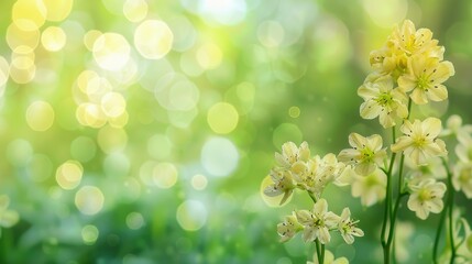 Macro close up of light yellow spring flowers with green bokeh and copy space