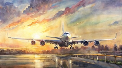 Large commercial airliner prepares for departure, landing gear extended, roaring to life on airport runway at golden hour.