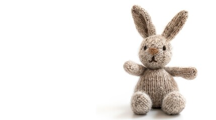 Obraz premium Knitted rabbit toy pointing right on white background with shadow