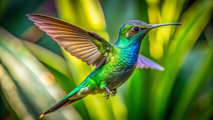 Fototapeta premium Vibrant green tropical foliage serves as a backdrop for a mid-air hummingbird, its iridescent feathers gleaming as it rapidly flaps its wings.