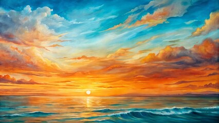 Fototapeta premium Vibrant orange hues spread across the celestial canvas as wispy clouds drift above the serene turquoise ocean's gentle evening waves.