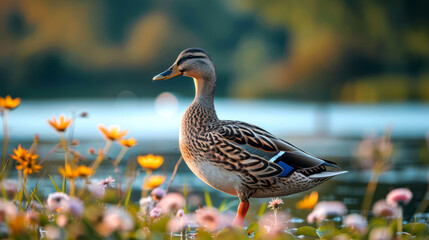 Fototapeta premium closeup wild mallard duck swimming on the river