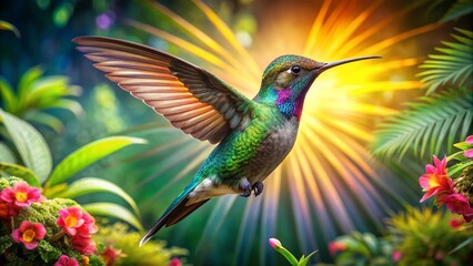 Obraz premium Vibrant hummingbird in mid-flight, iridescent feathers glistening, amidst lush tropical foliage and exotic flowers in warm sunlight atmosphere.