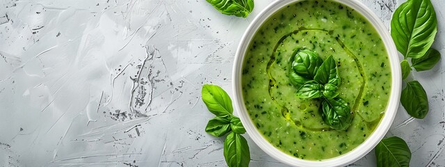  A white bowl holds green pesto, garnished with fresh basil leaves atop a pristine surface