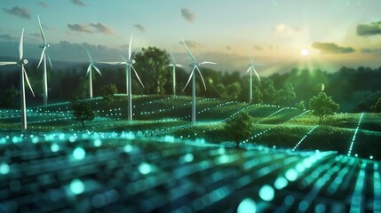 Renewable energy optimization, AI integration, holographic data, futuristic green tech