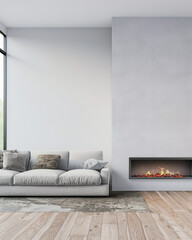 Minimalist luxurious interiors design composition in neutral colors depicting an empty room with a fireplace. Luxury residential Real Estate.