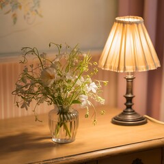 Soft retro view of flower vase on wood table still life with unidentified flowers in glass vase