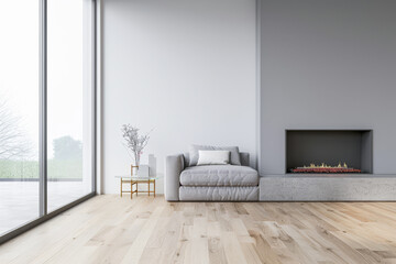 Minimalist luxurious interiors design composition in neutral colors depicting an empty room with a fireplace. Luxury residential Real Estate.