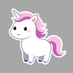 A cute unicorn with pink mane and tail on gray background