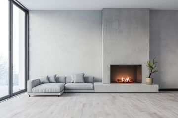 Minimalist luxurious interiors design composition in neutral colors depicting an empty room with a fireplace. Luxury residential Real Estate.