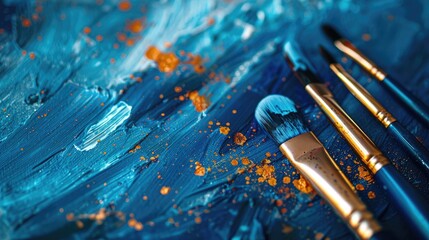 Fototapeta premium Artistic brushes on a blue backdrop