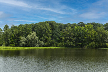 Magnificent landscape of a lake lined with trees and flowers in the southwest of France.