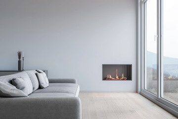 Minimalist luxurious interiors design composition in neutral colors depicting an empty room with a fireplace. Luxury residential Real Estate.