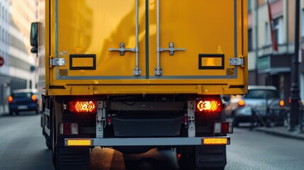 Yellow truck with two rear lights in daylight Blank area available