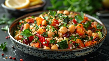 A delicious plate of bulgur wheat salad with roasted vegetables, chickpeas, and a lemon-tahini dressing.