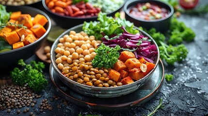 A delightful plant-based feast with a variety of dishes such as a lentil and vegetable stew, a mixed greens salad with nuts, and roasted sweet potatoes.