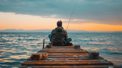 A man sits fishing on a wooden pier