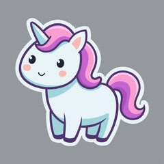 A cute unicorn with pink mane and tail stands on a gray background