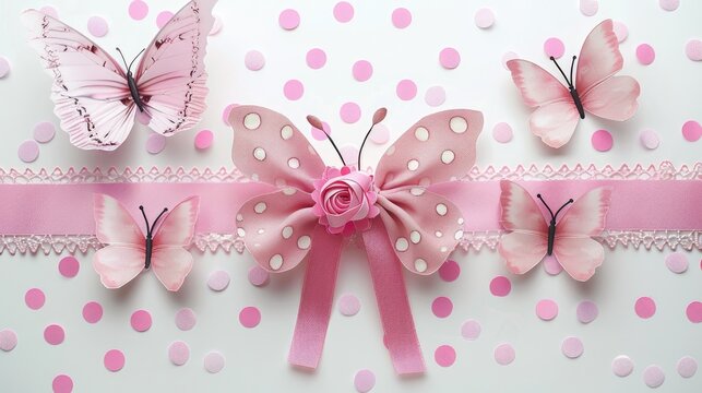 Theme for a baby girl featuring three butterflies and a pink ribbon with polka dots