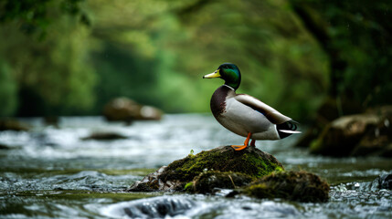 Obraz premium closeup wild mallard duck swimming on the river