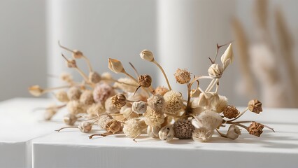 An aesthetic composition of dry flower buds on white surface