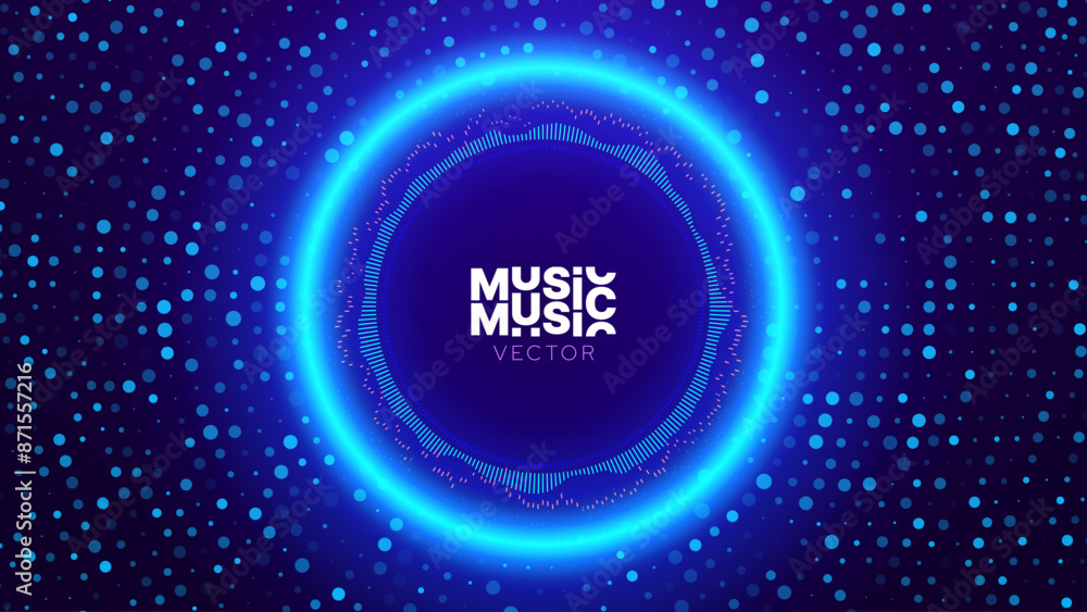 Poster Blue Neon Round Frame. Neon Circle Ring Shape with Space for Text. Ring Light 80s Retro Music Party Banner. Fashion Show Stage Backdrop. Vector Illustration.
