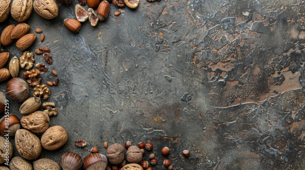 Aufkleber different nuts on stone surface seen from above with empty area