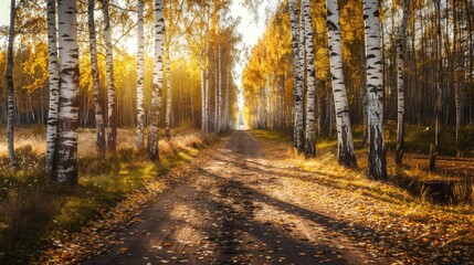 Fototapeta premium Birch leaves blanket dirt road in autumn forest under sunny afternoon sun