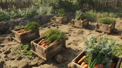 Wooden crates positioned in the carrot fields with remaining produce