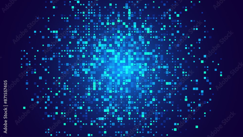 Fototapete Digital Pixel Explosion. Abstract Virtual Cyber Space Data Flow. Halftone Pixel Effect Round Explosion. Vector Illustration.