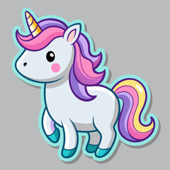 A cute unicorn with rainbow mane and tail stands on gray background