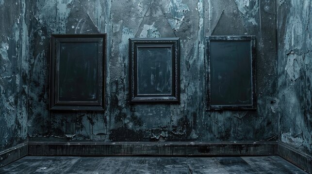 Creepy spooky black frames on old wall in haunted house