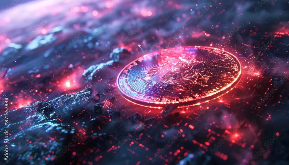 Poster a holographic bitcoin floating in space, surrounded by digital codes, futuristic, neon colors, 3d re