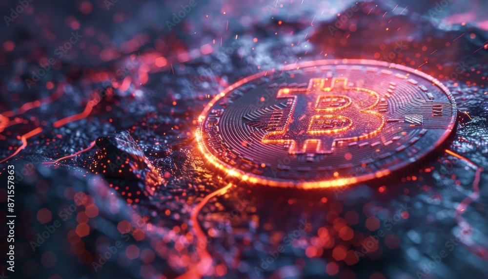 Poster a holographic bitcoin floating in space, surrounded by digital codes, futuristic, neon colors, 3d re
