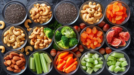 A variety of healthy snacks including cashews, chia seeds, dried figs, and celery sticks, presented in a clean and appealing style.