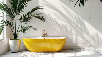 Obraz premium Modern loft interior design with white walls green palm leaf background and yellow bathtub