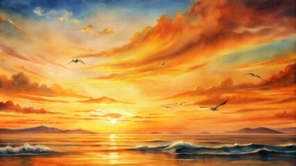 Fototapeta premium Vibrant orange hues engulf the dramatic golden sky as seagulls soar over the tranquil sea at a breathtaking sunset backdrop.