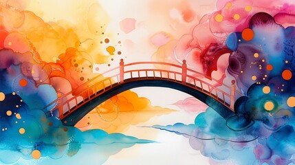 Obraz premium A bridge made of colorful ideas connecting two abstract landscapes, watercolor, symbolic, detailed