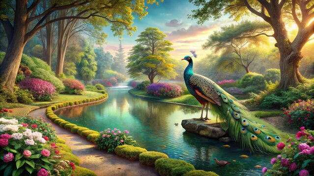 Idyllic garden scene featuring serpentine river, lush greenery, and majestic peacock, symbolizing Lord Bal Krishna's divine presence.