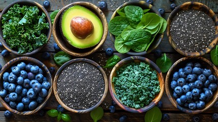 A vibrant display of superfoods including kale, avocado, blueberries, and chia seeds, arranged artfully on a wooden table.