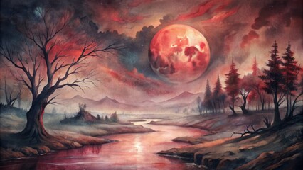 Ominous autumnal landscape with crimson moon casting eerie glow on blood-red river, surrounded by twisted, gnarled, and foreboding trees.