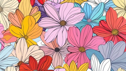 This image features a vibrant and colorful floral pattern with a variety of flowers in full bloom, showcasing a blend of warm and cool tones