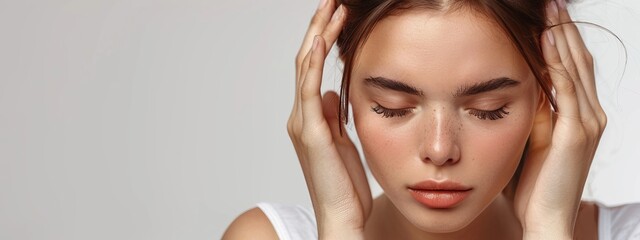 Fototapeta premium A close-up of a woman with hands cupping the back of her head and eyes closed