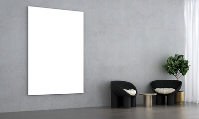 Modern mock up and decoration furniture of living room and white canvas and concrete wall texture background. 3D rendering.