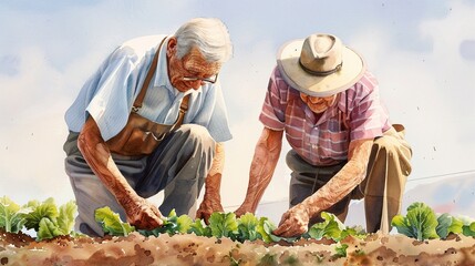 Fototapeta premium An elderly couple tending to their flower garden, watercolor, vibrant colors, detailed